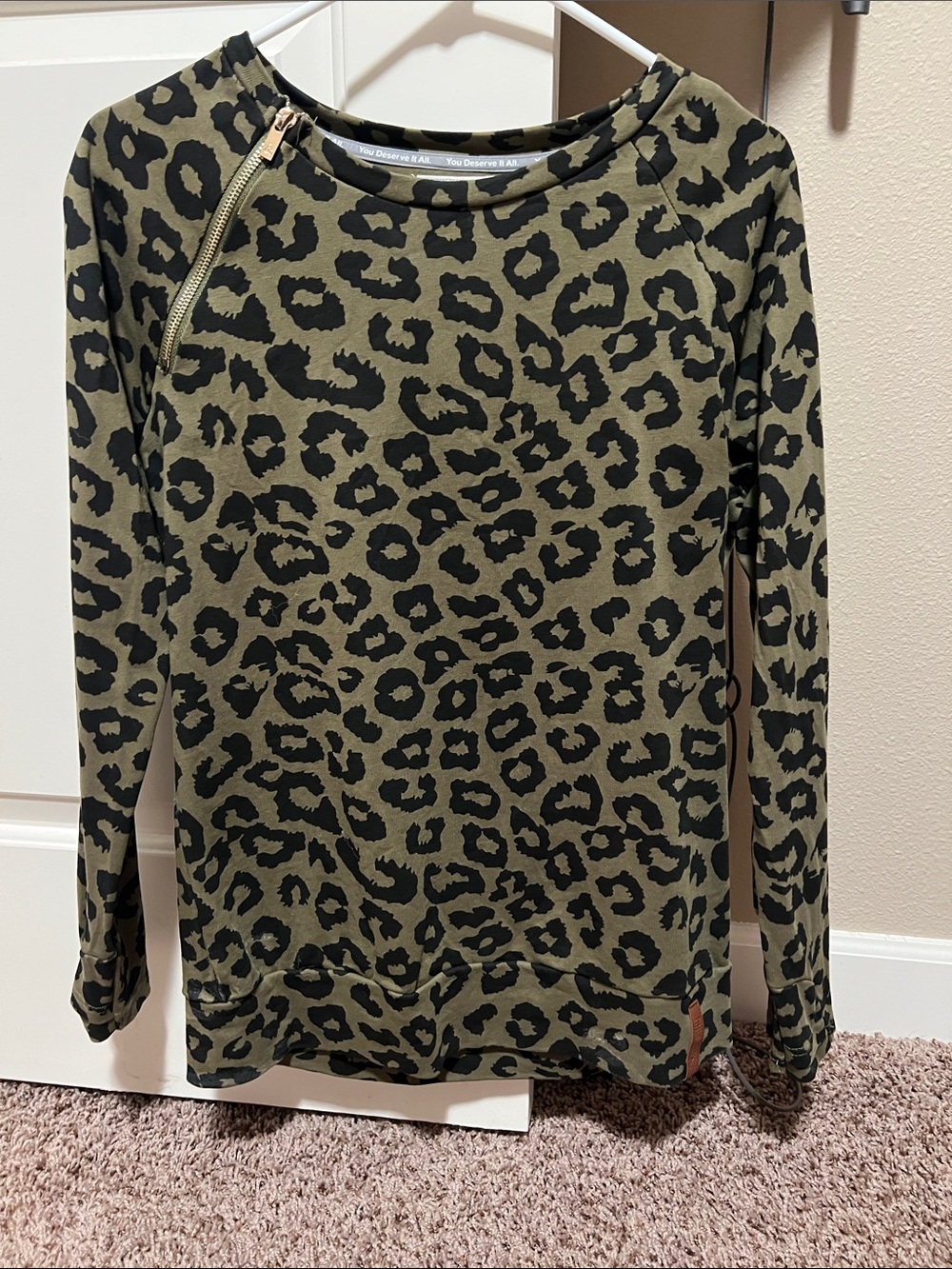 AMPERSAND AVE Olive Green and Black Leopard Zip-Accent Long Sleeve Top